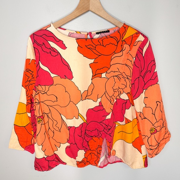 Sisley Italy Women’s Tropical Floral Viscose Orange Pink Split Hem Blouse Sz S - Picture 2 of 10